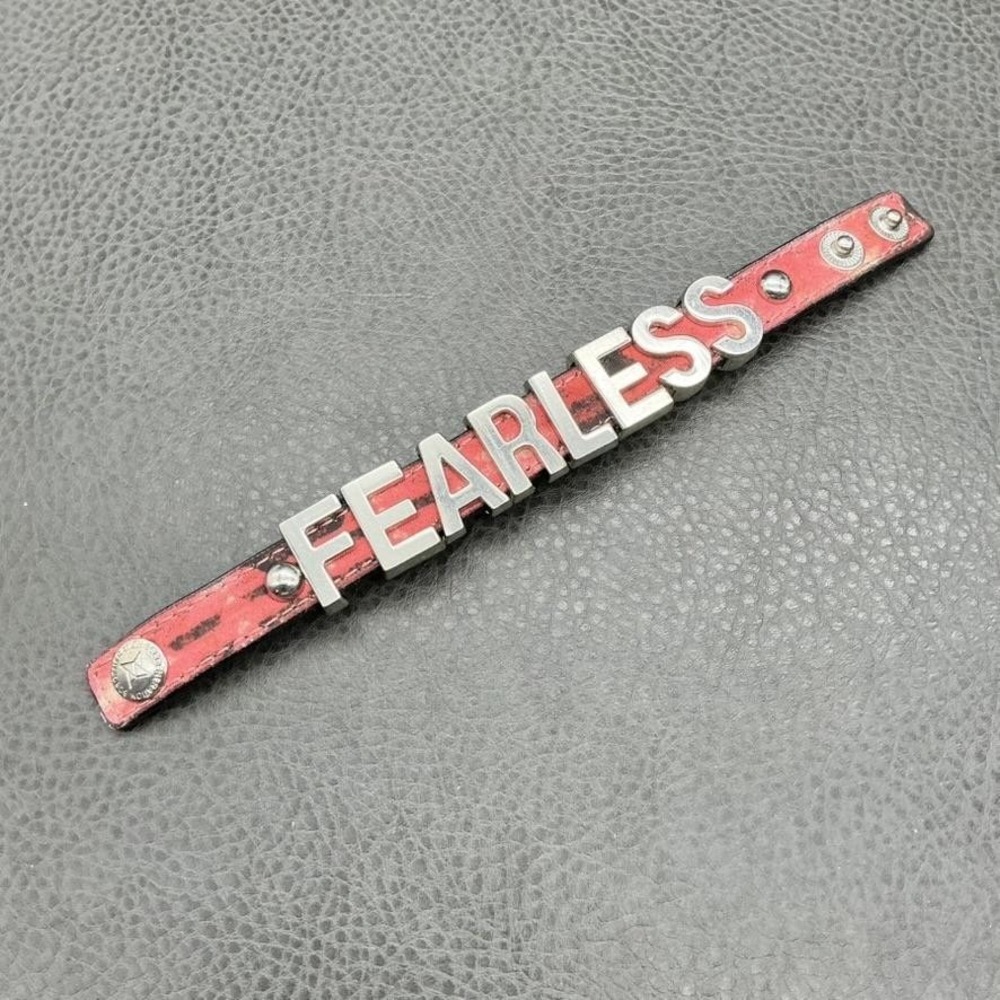BCBGeneration FEARLESS Bracelet‎ Womens Red Strap Silver Tone Letters Adjustable